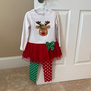Festive Reindeer Dress with Polka Dot Leggings. Holiday. 4T. Hardly wore